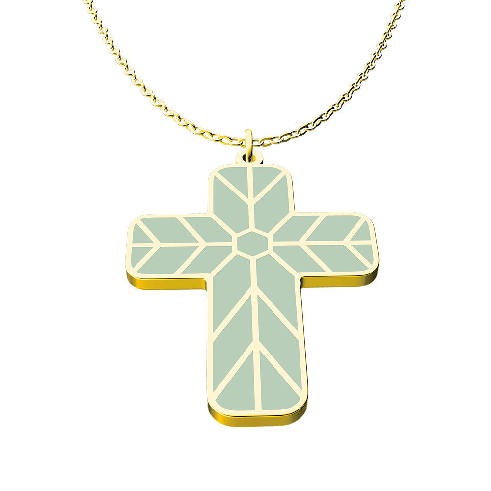 Geometric Enamel Cross Necklace - Sage