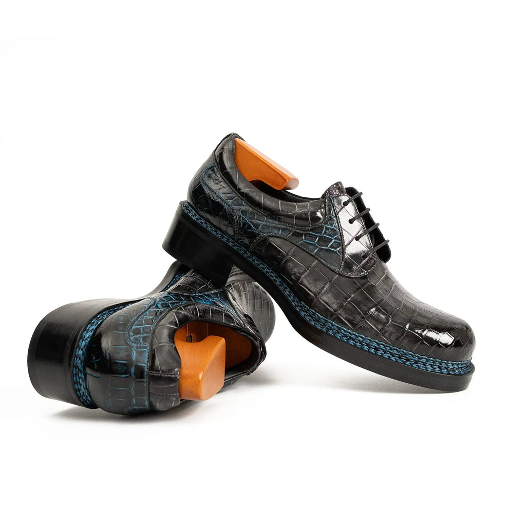 Handcrafted Nile Crocodile Derby Shoes Norwegian Stitch