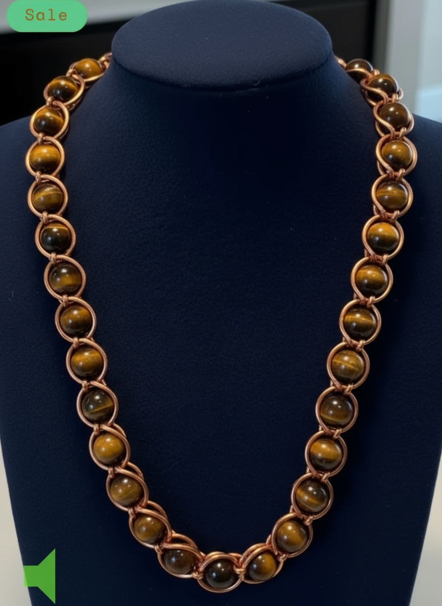 Chunky Wire Wrapped Tigers Eye Beaded Copper Necklace
