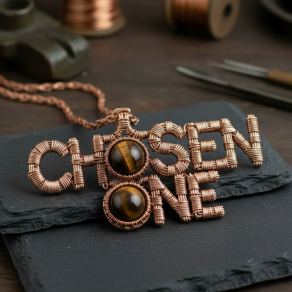 Custom copper wire wrapped chosen one statement necklace with tigers eye crystals￼