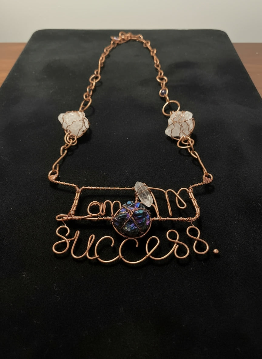 Large statement, crystal and name wire wrapped copper necklace