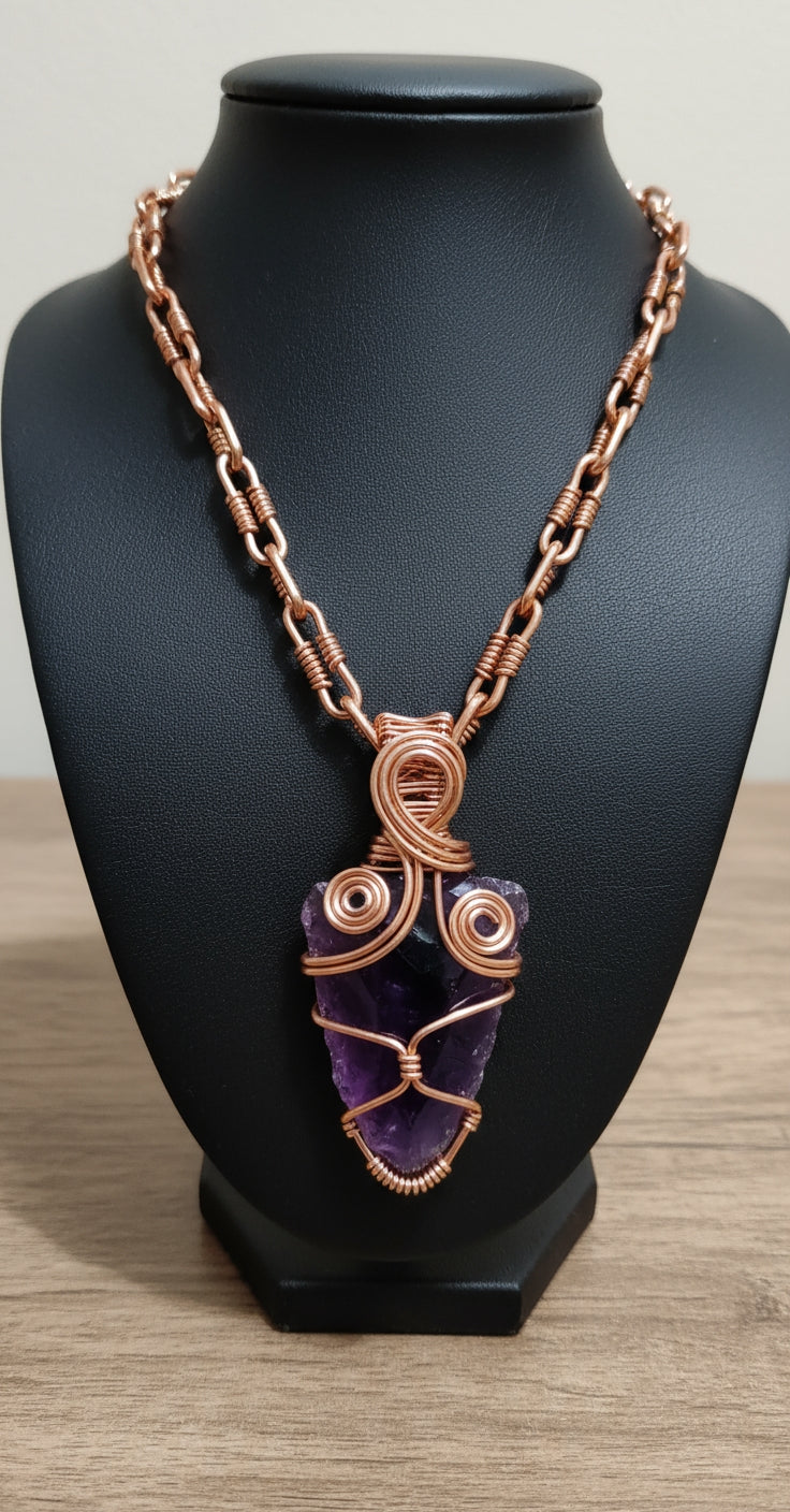 Copper Wore Wrapped Amethyst Arrowhead Necklace