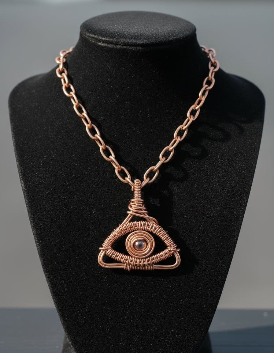 Copper wire wrapped eye of knowledge necklace