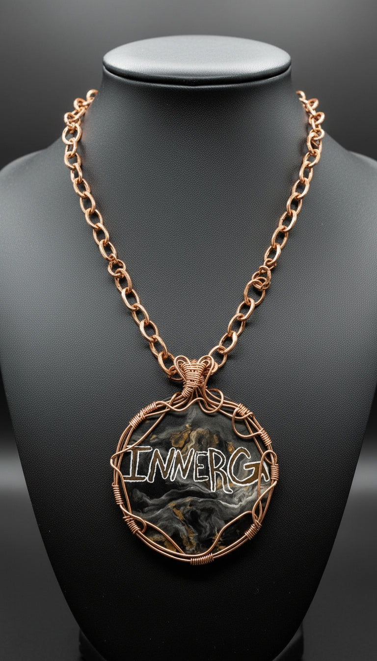 Chunky Copper wire wrapped engraved marble necklace