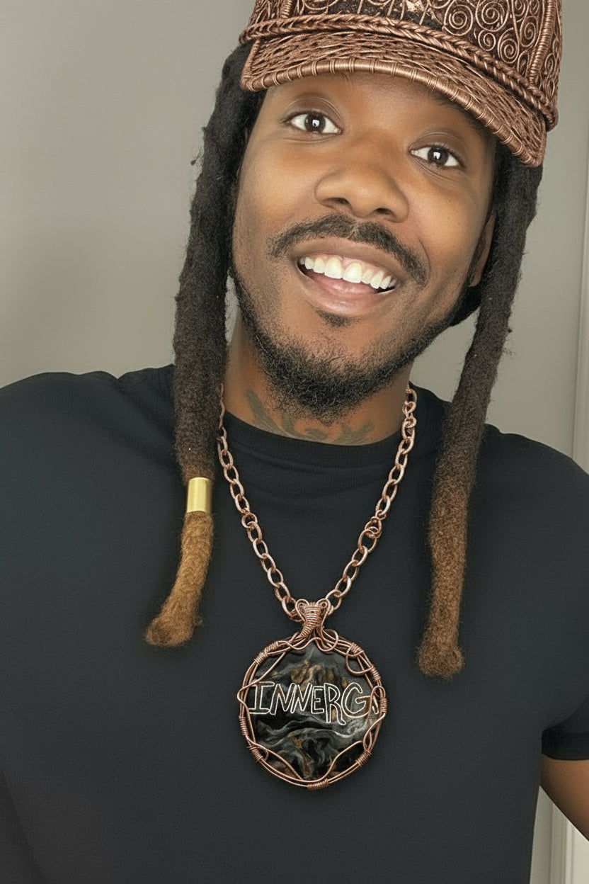 Chunky Copper wire wrapped engraved marble necklace