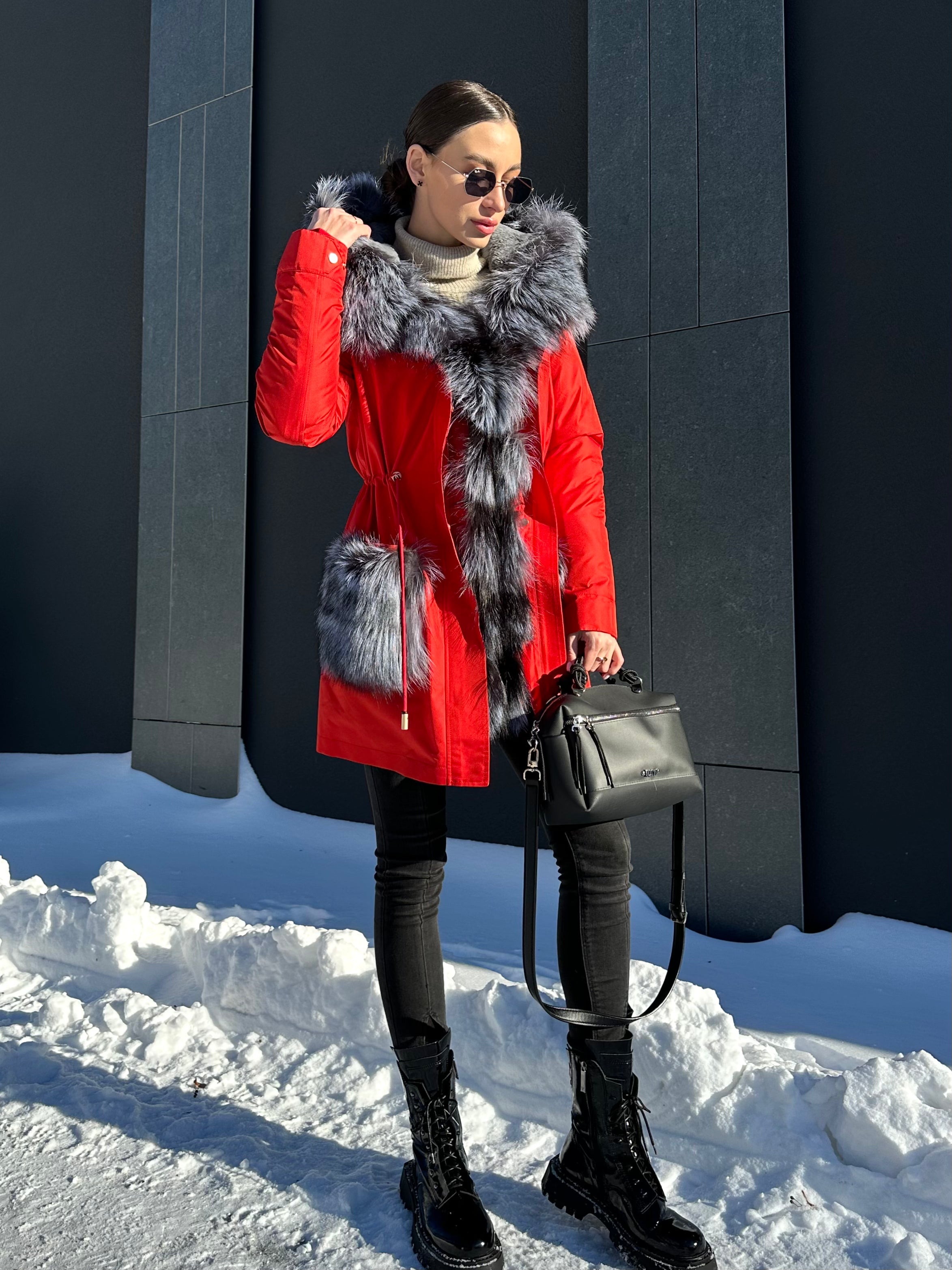 Roma Genuine Silver Fox Fur Rabbit Fur Insulated Parka in Red