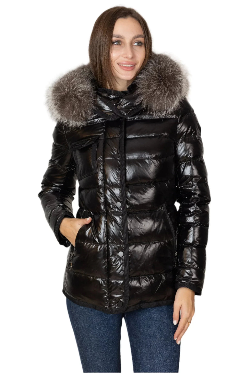 Genuine Silver Fox Fur Lightweight Down Fill Coat