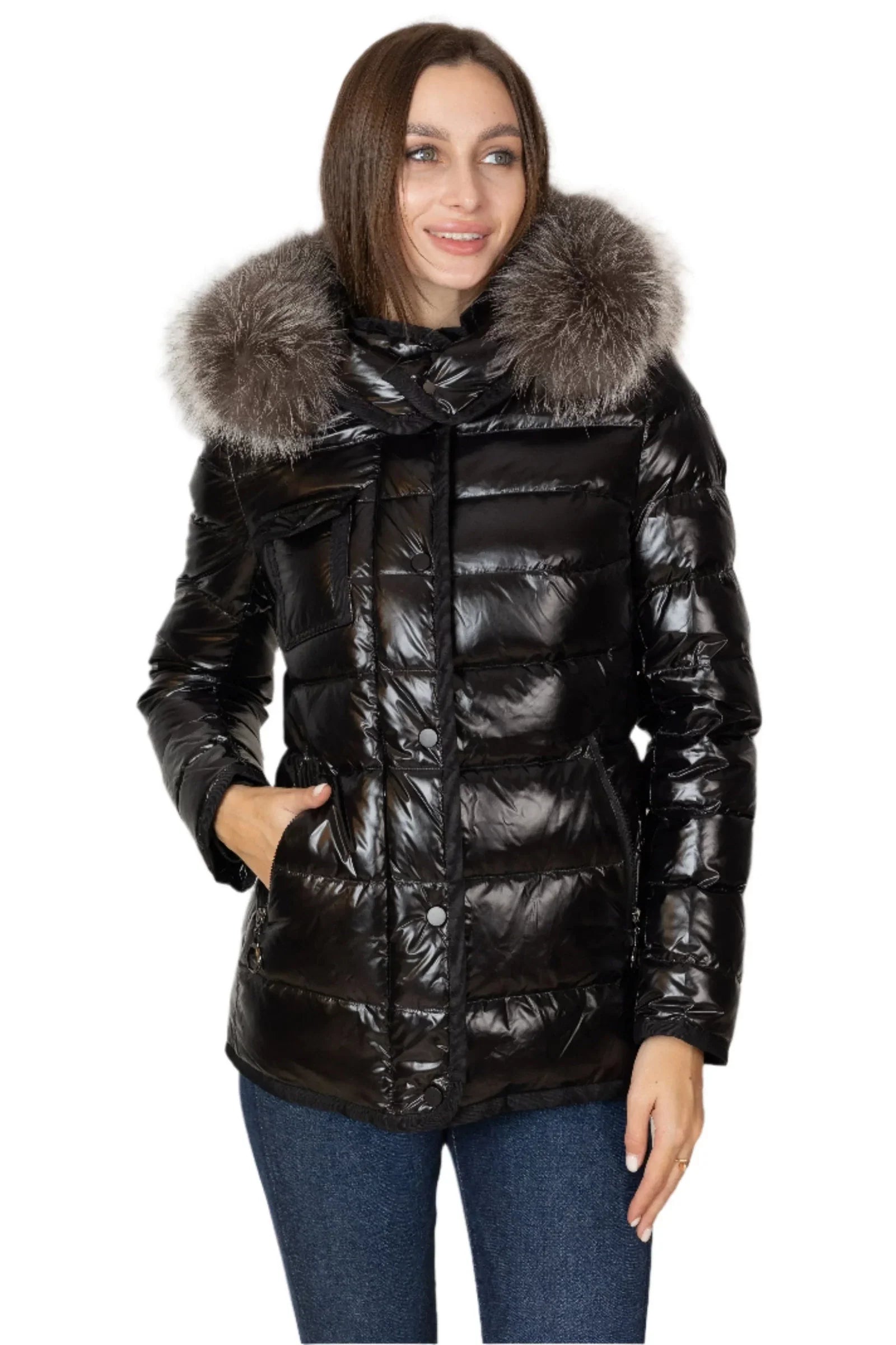 Genuine Silver Fox Fur Lightweight Down Fill Coat