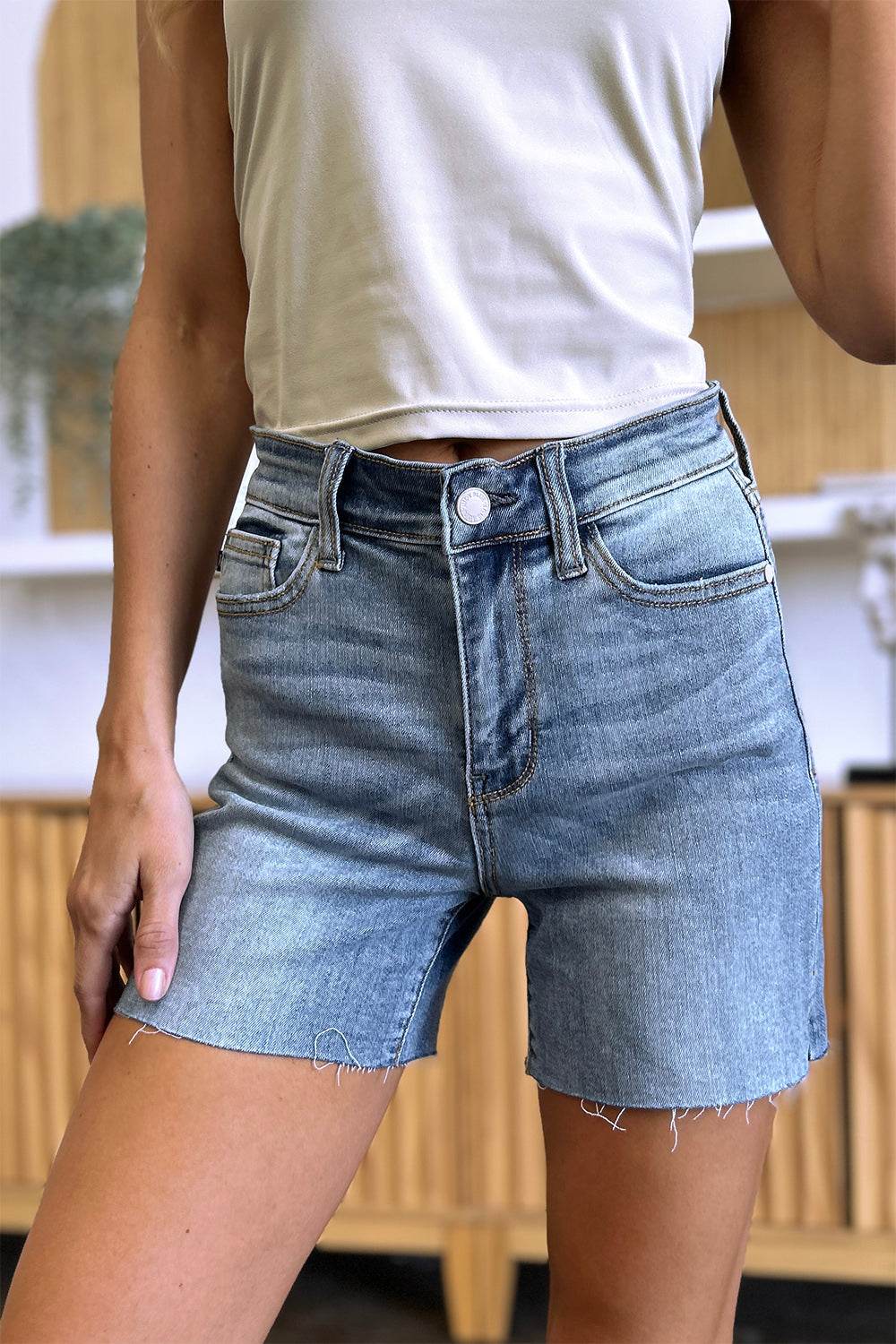 Judy Blue Full Size High Waist Raw Hem Denim Women Shorts