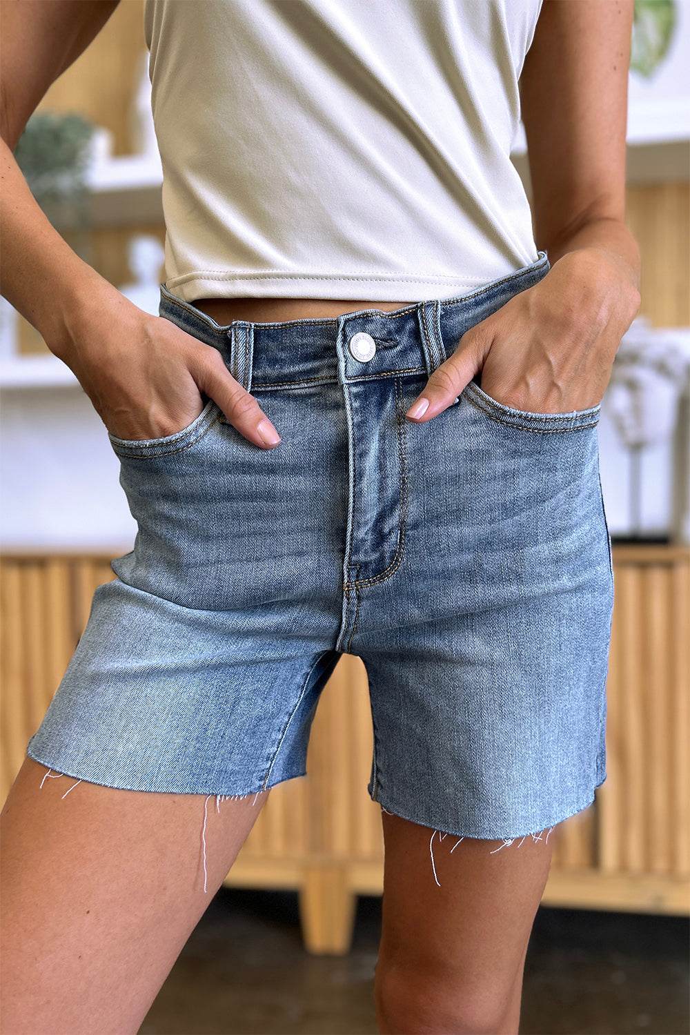 Judy Blue Full Size High Waist Raw Hem Denim Women Shorts