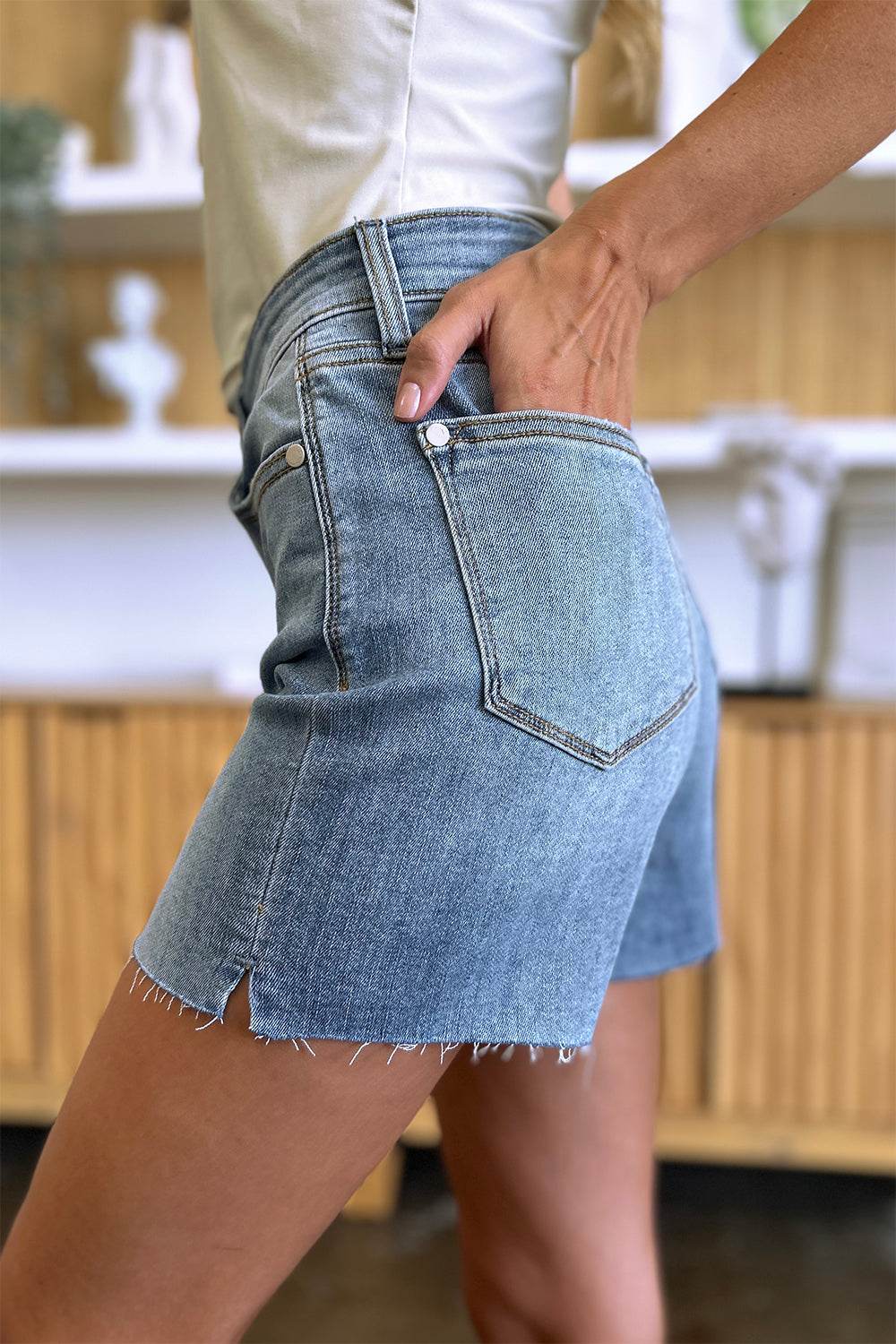 Judy Blue Full Size High Waist Raw Hem Denim Women Shorts