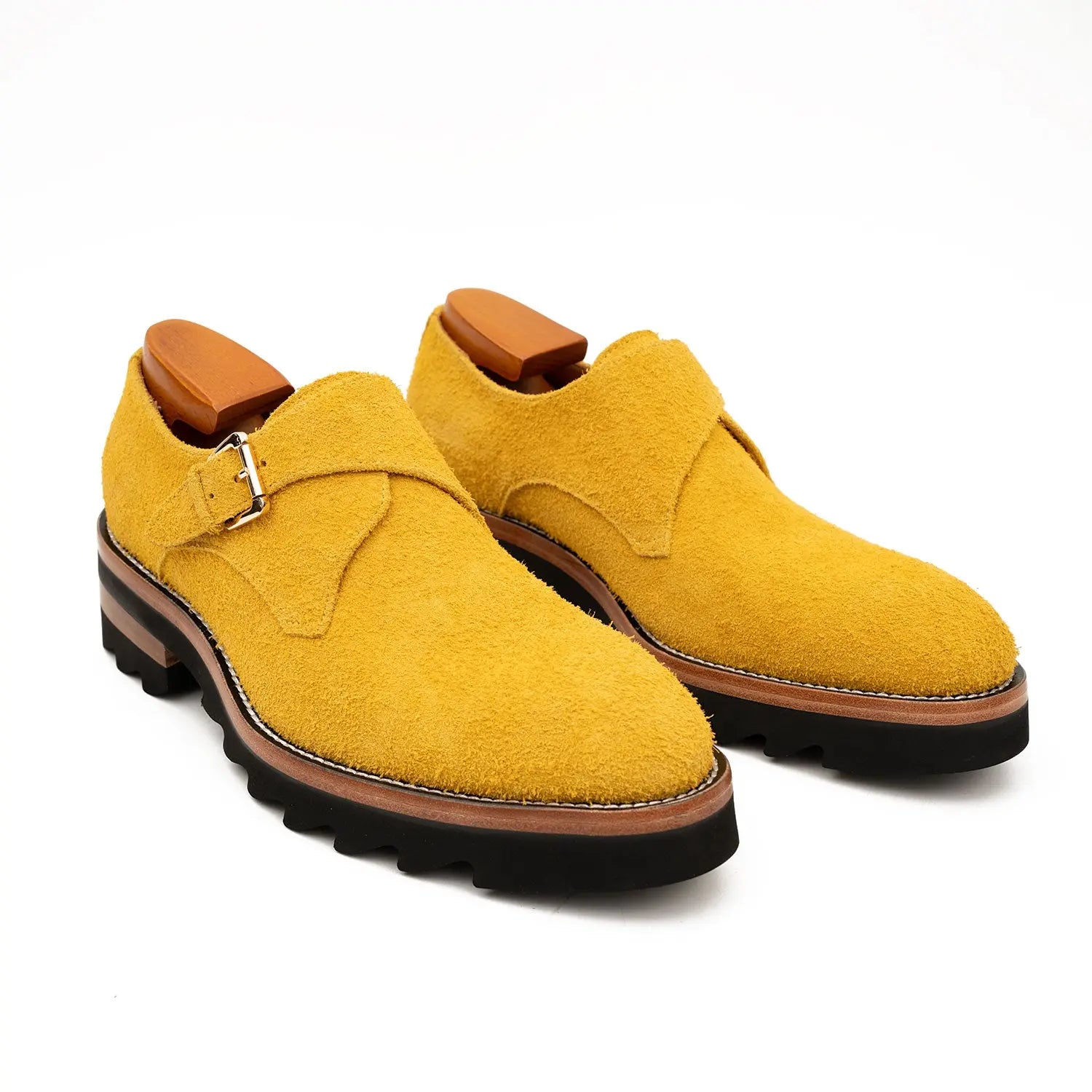 Lemon Yellow Cow Suede Monk Strap Shoes