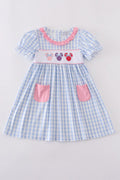 Blue character embroidery gingham ruffle