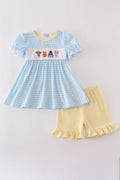 Blue character embroidery gingham ruffle Short Set