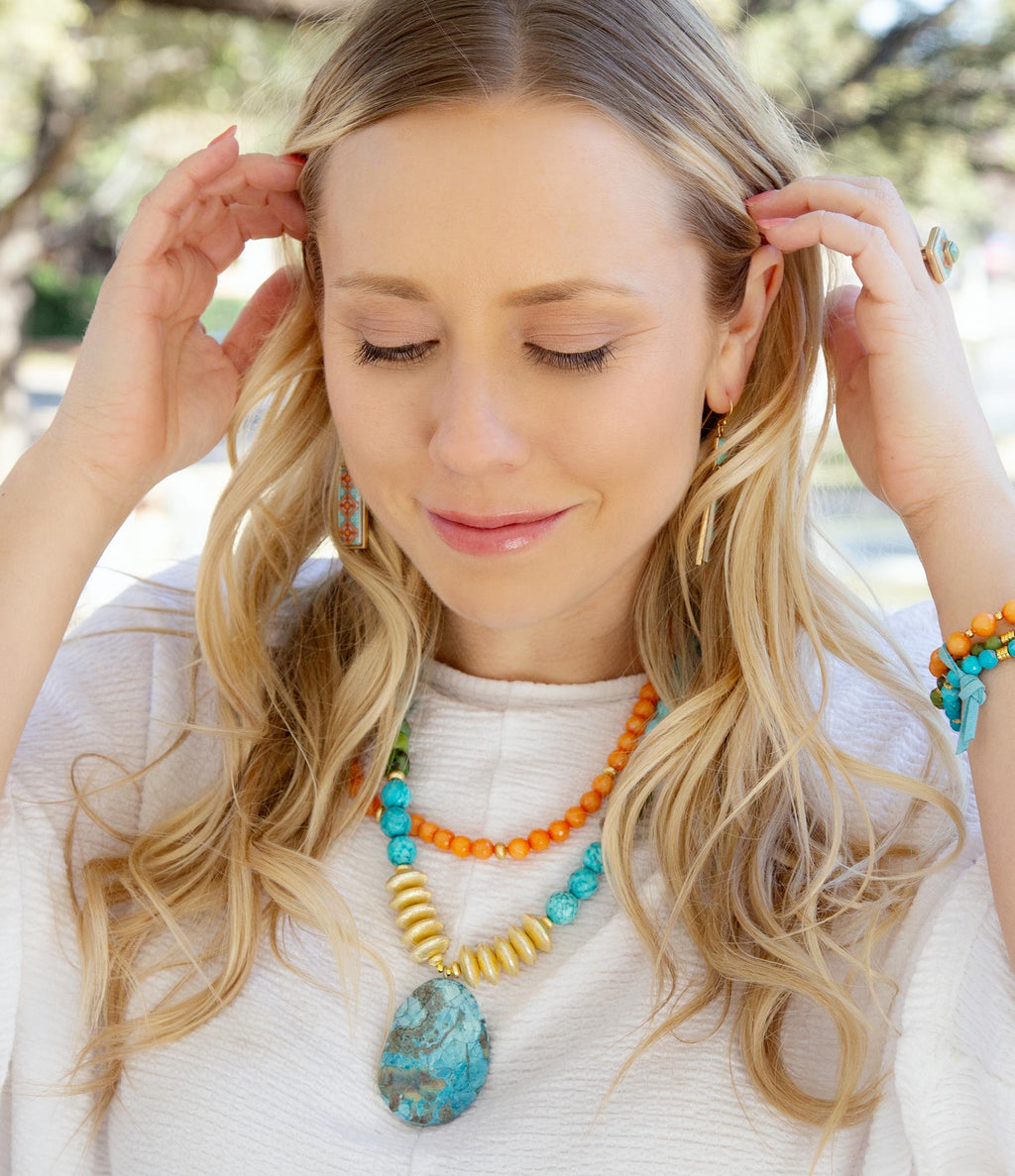 Mandy Orange and Blue Jasper Pendant Statement Necklace