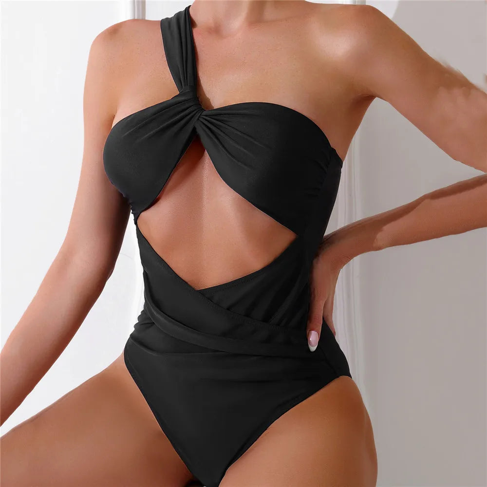 One Shoulder Sexy Black One Piece Swimsuit