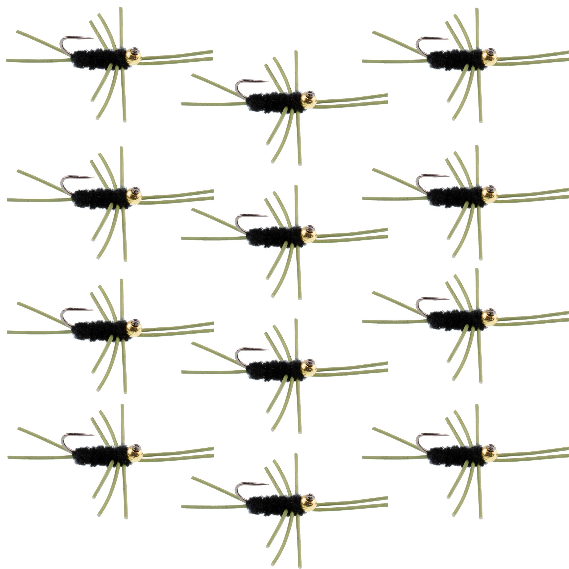 Barbless Pat's Rubber Legs Tungsten Bead Jigged Black Euro Nymph  - Set of 12 Flies Hook Size 10