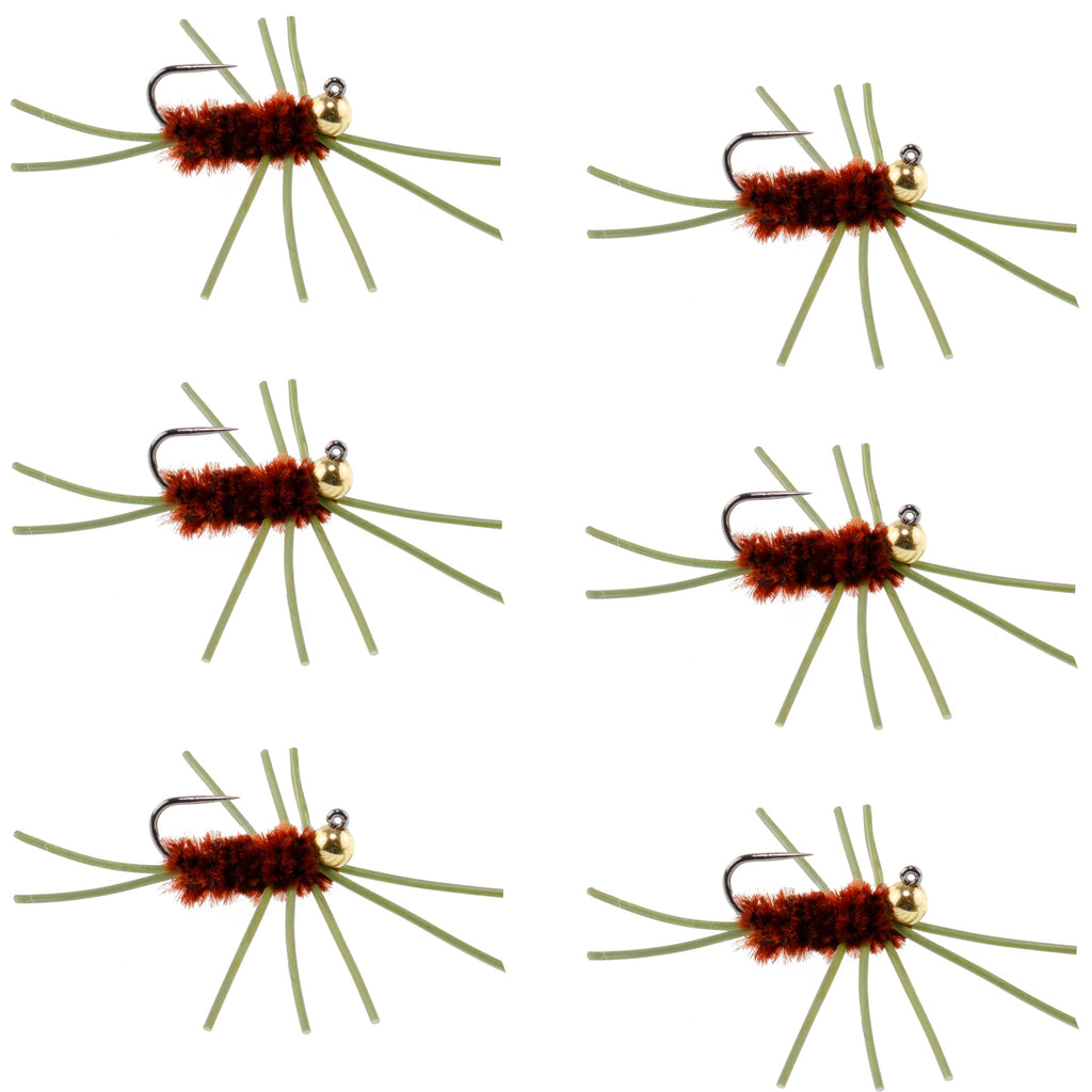 Barbless Pat's Rubber Legs Tungsten Bead Jigged Brown Euro Nymph  - Set of 6 Flies Hook Size 10