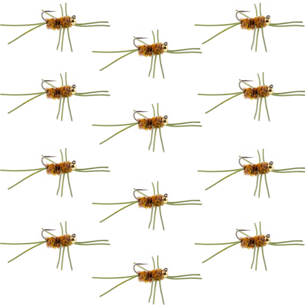 Barbless Pat's Rubber Legs Tungsten Bead Jigged Coffee/Tan Euro Nymph  - Set of 12 Flies Hook Size 10