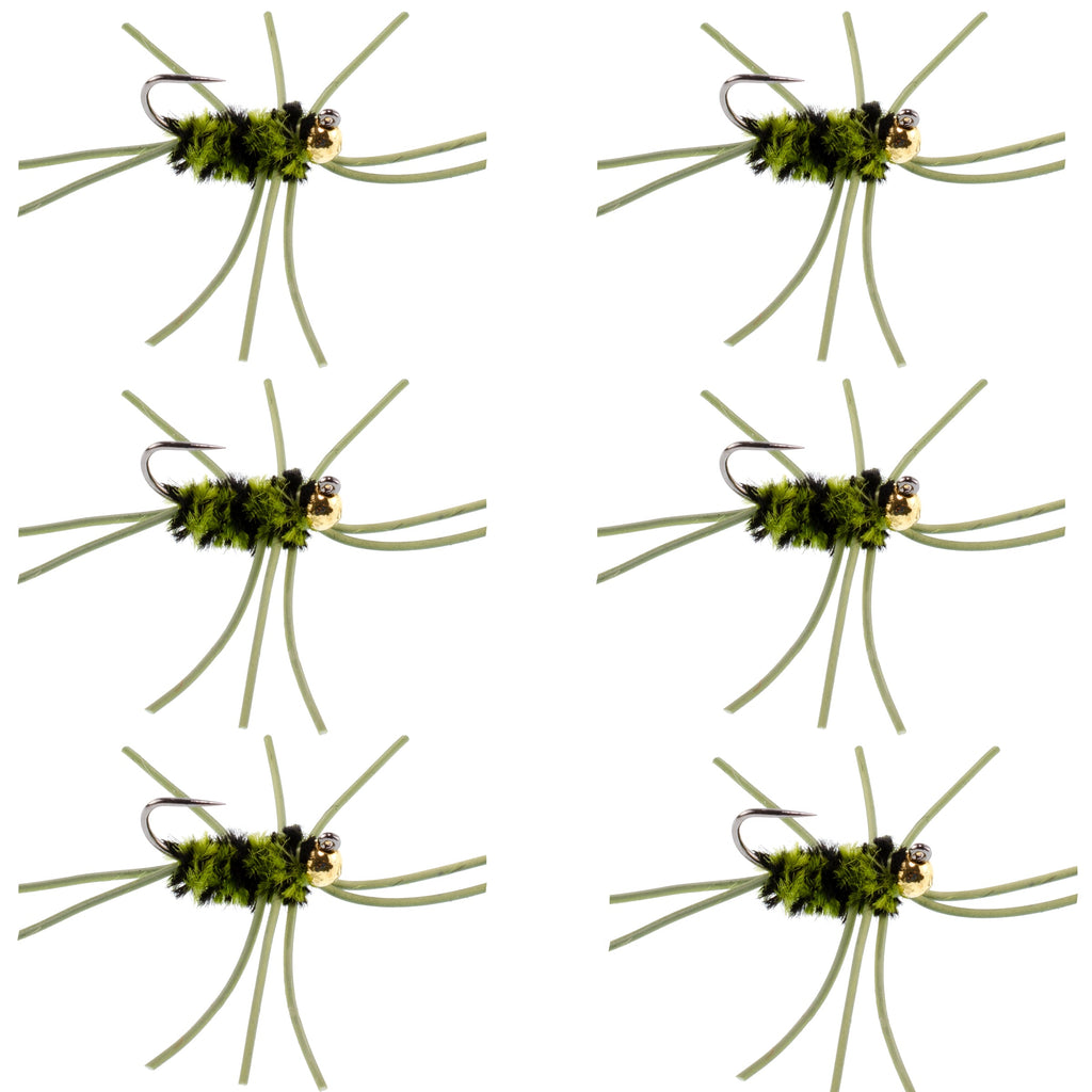 Barbless Pat's Rubber Legs Tungsten Bead Jigged  Olive/Black Euro Nymph  - Set of 6 Flies Hook Size 10