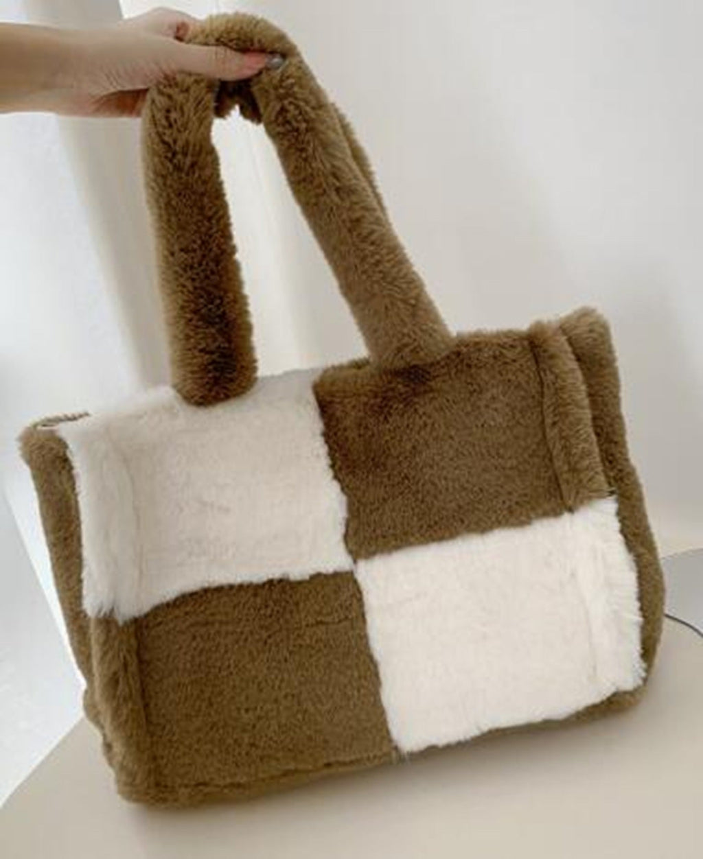 Fuzzy Checkered Shoulder Bag