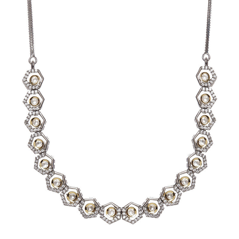 Beautifully Design Dual Tone Gold And Silver Choker With American Diamonds And Kundan