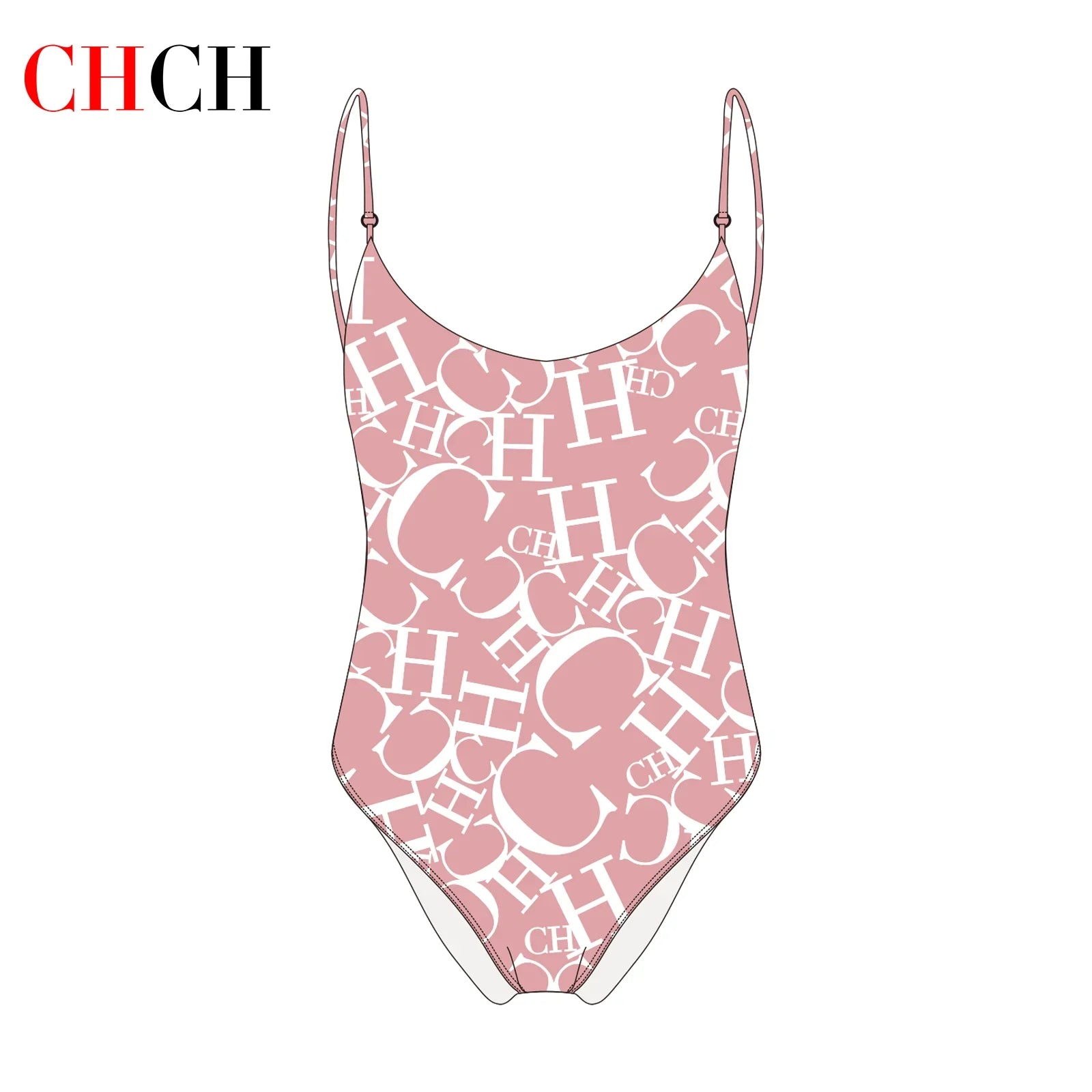 Women's Swimwear CH Letter Pink Triangle One-piece Swimsuit