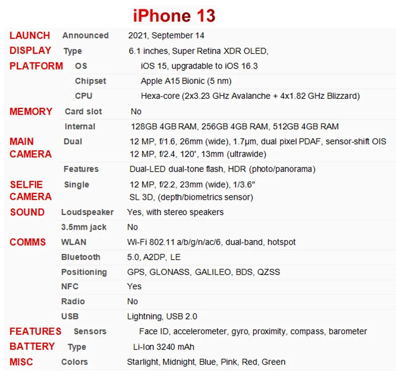 (Refurbished) Apple iPhone 13 6.1" Super Retina XDR OLED Unlocked RAM 4GB ROM 128/256/512GB Face ID NFC A15 IOS 5G Genuine