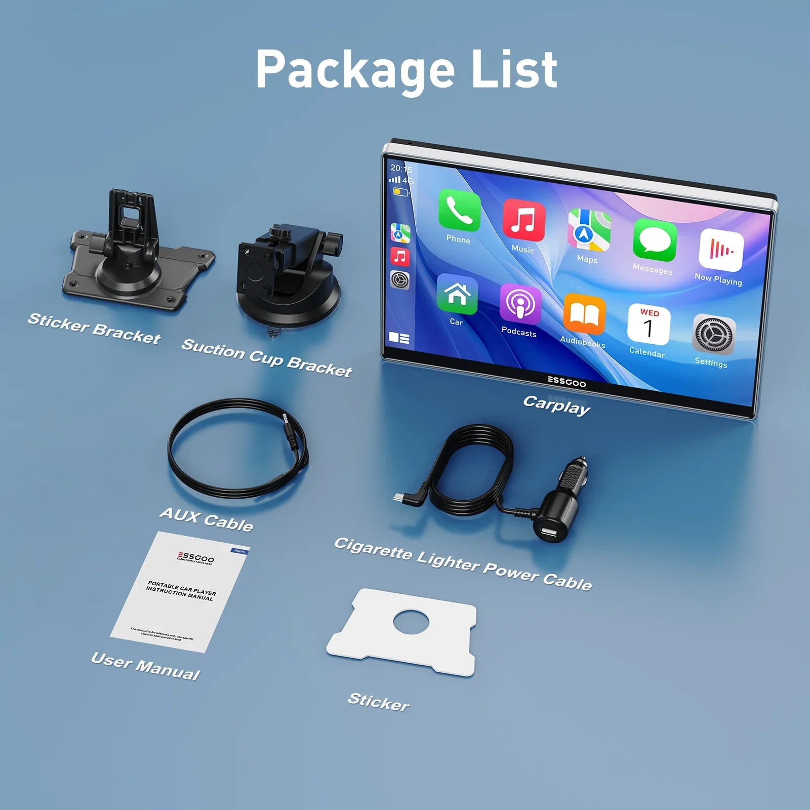 ESSGOO 9 Inch Touch Screen Portable Car Stereo Radio Wireless Apple Carplay Android Auto USB TF Bluetooth Mirror Link