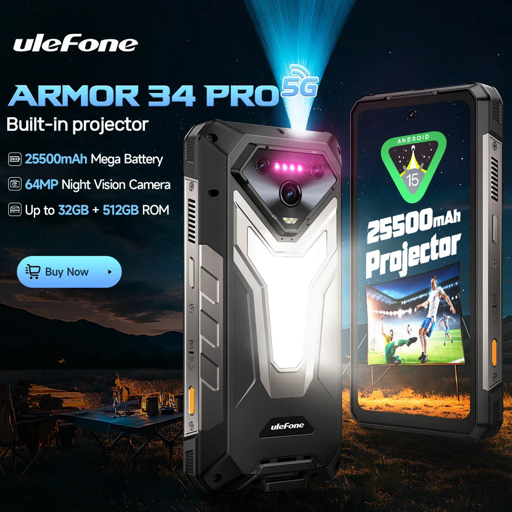Ulefone Armor 34 Pro 5G AI Rugged Phone 25500mAh Up to 32GB+512GB Built-in Projector 120Hz 6.95" NFC Smartphone