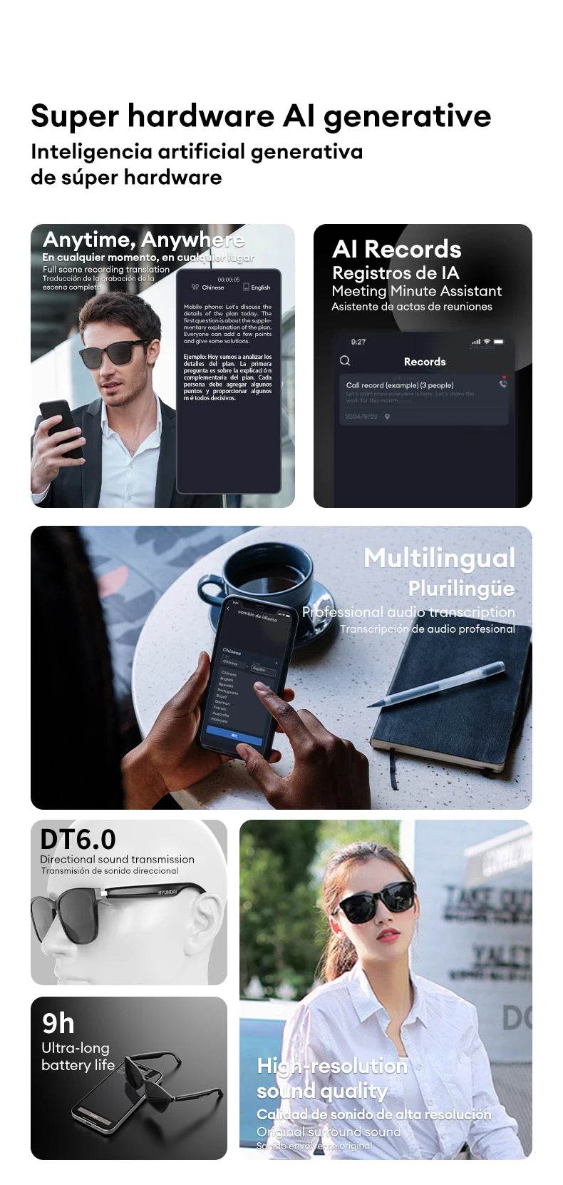 HYUNDAI HY-C8 AI Glasses Earphones With Camera Automatic voice translation Smart glasses Multi-function keys For Sports