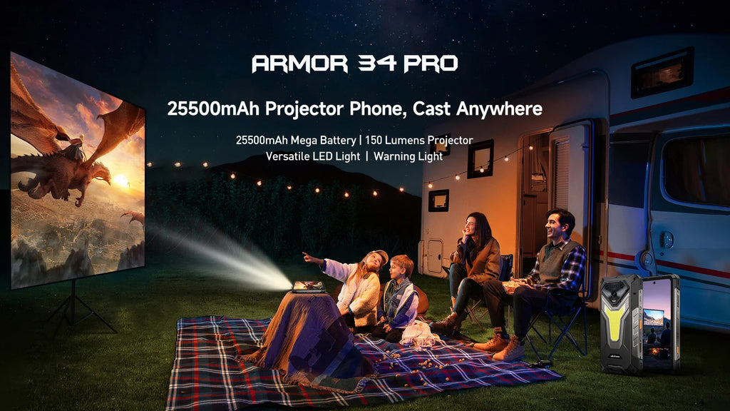 Ulefone Armor 34 Pro 5G AI Rugged Phone 25500mAh Up to 32GB+512GB Built-in Projector 120Hz 6.95" NFC Smartphone