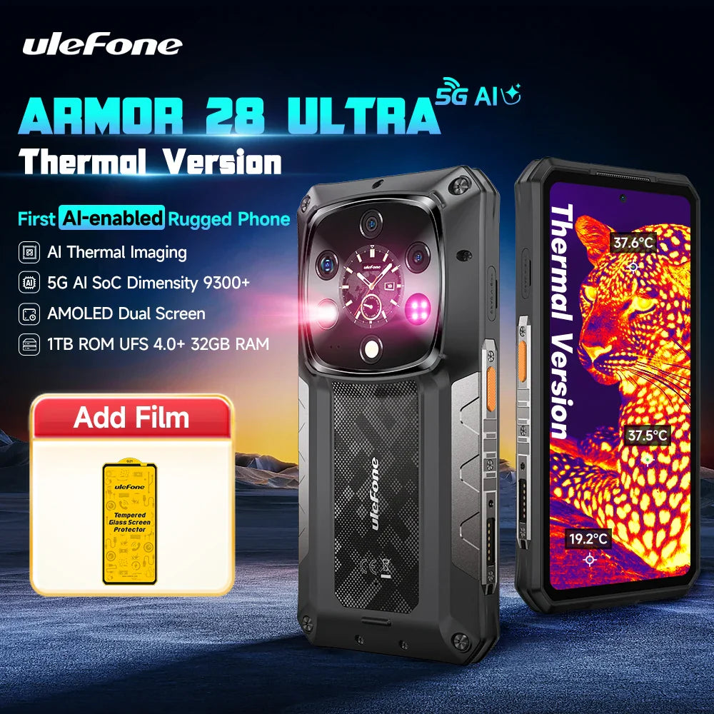 Ulefone Armor 28 Ultra 5G AI Thermal Imaging Rugged Phone Dimensity 9300+ 1TB ROM 32GB RAM Android Smartphone AMOLED Mobile