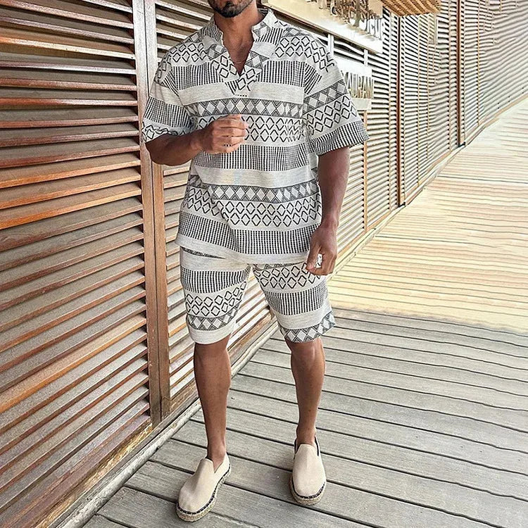 Men Beach Shirt Sets Retro Ethnic Style