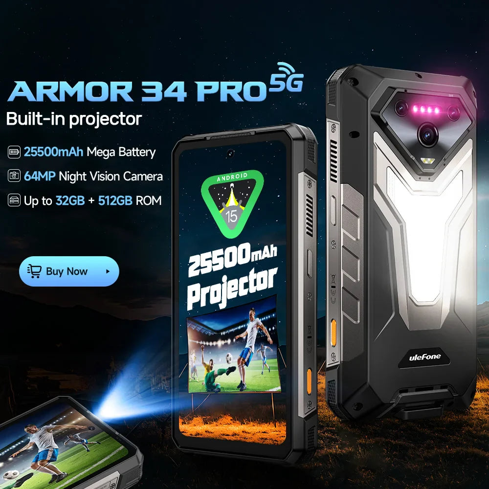 Ulefone Armor 34 Pro 5G AI Rugged Phone 25500mAh Up to 32GB+512GB Built-in Projector 120Hz 6.95" NFC Smartphone