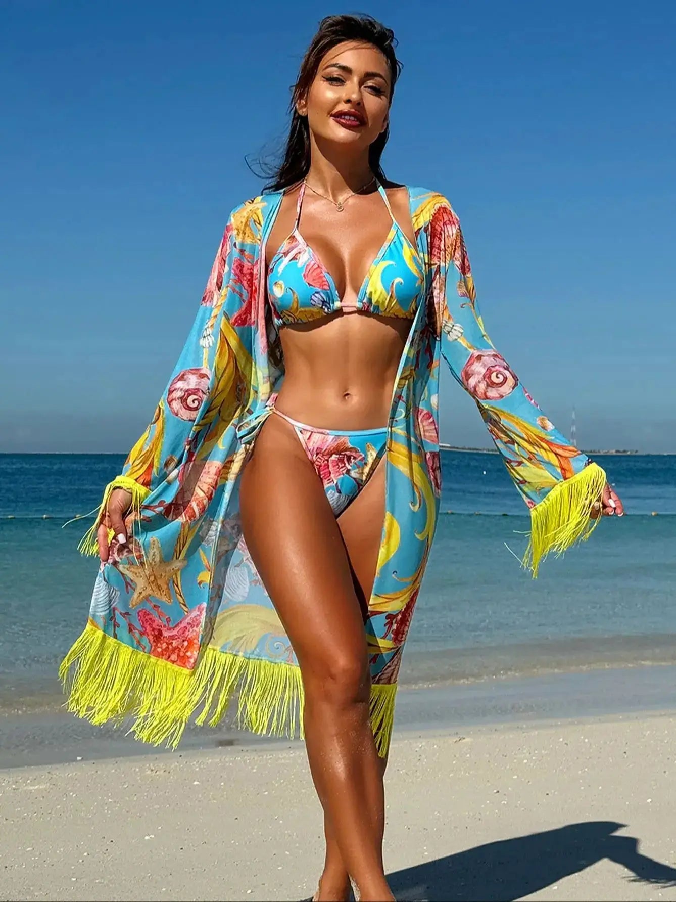 Feely tassel drape three piece swimsuit set