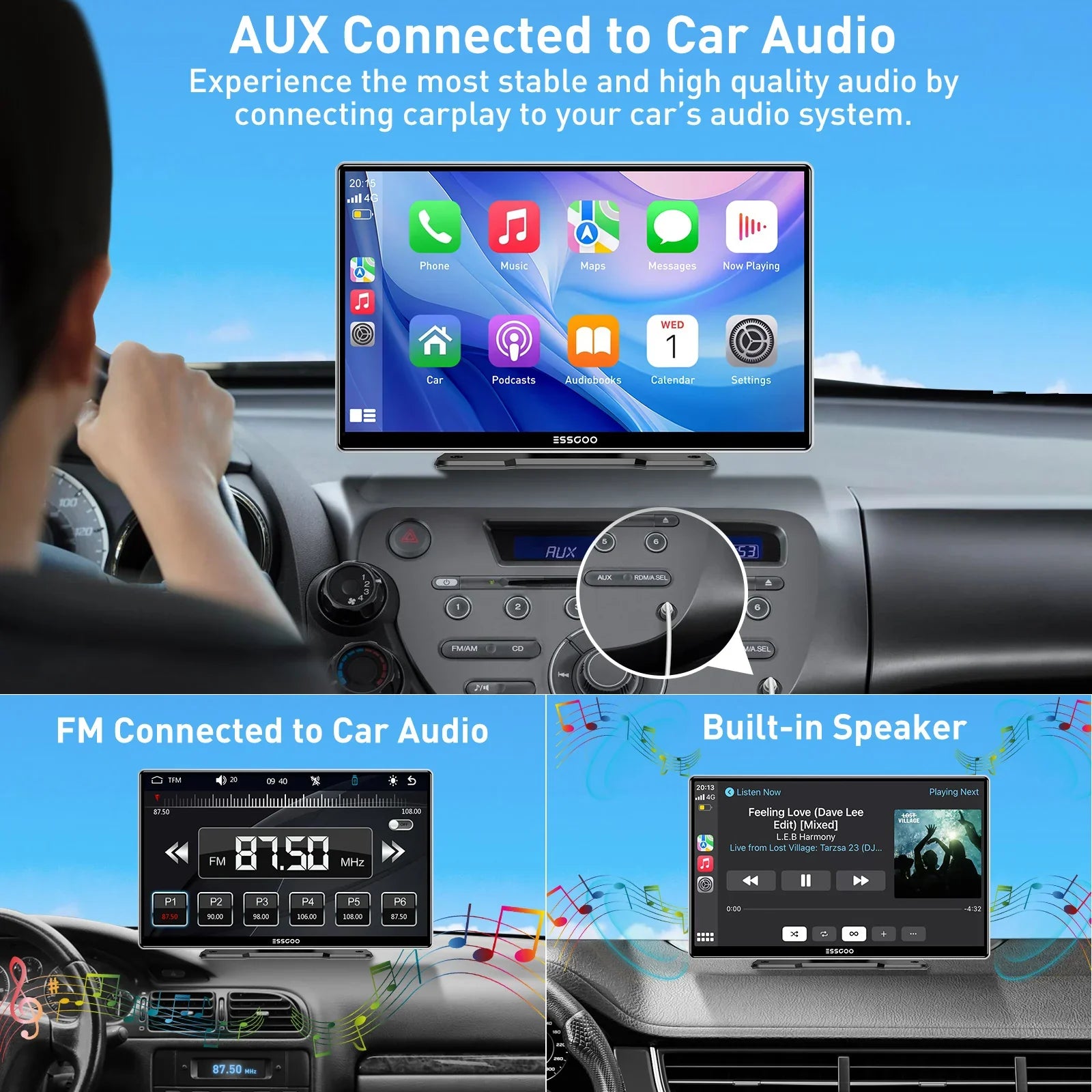ESSGOO 9 Inch Touch Screen Portable Car Stereo Radio Wireless Apple Carplay Android Auto USB TF Bluetooth Mirror Link