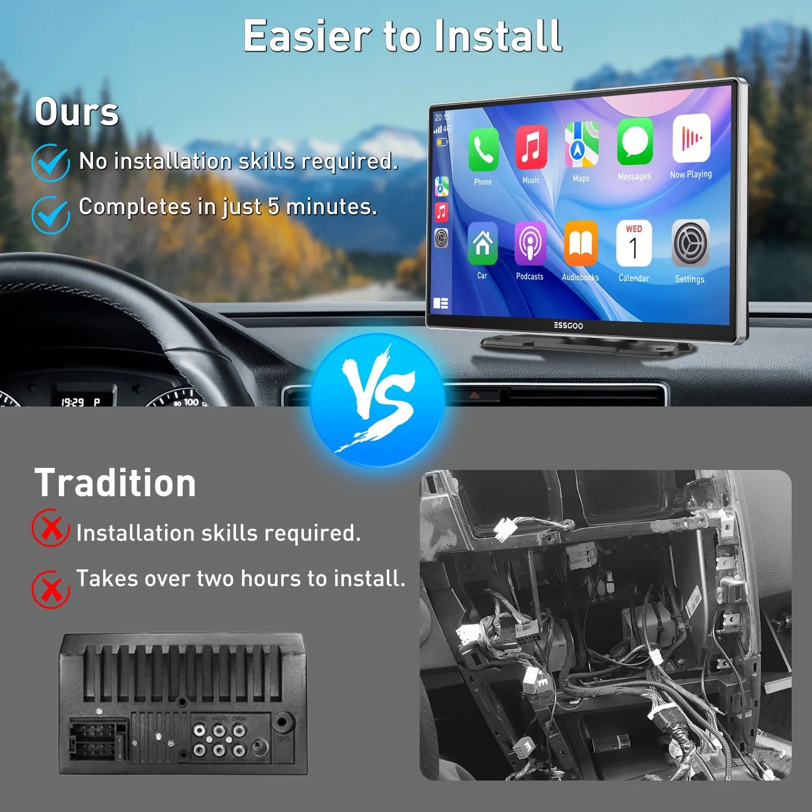 ESSGOO 9 Inch Touch Screen Portable Car Stereo Radio Wireless Apple Carplay Android Auto USB TF Bluetooth Mirror Link