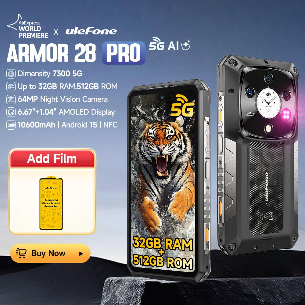 Ulefone Armor 28 Pro 5G AI Rugged Phone 512GB ROM Smartphone 120W MTK Dimensity 7300  10600mAh 6.67”AMOLED 64MP Mobile phone
