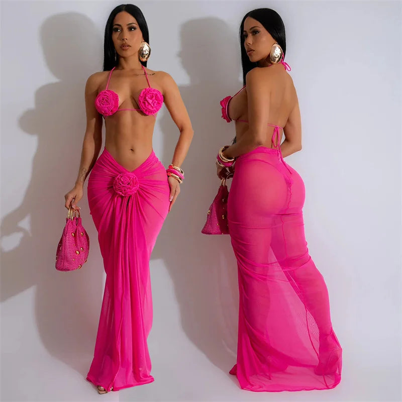 Flower pop three piece swimsuit