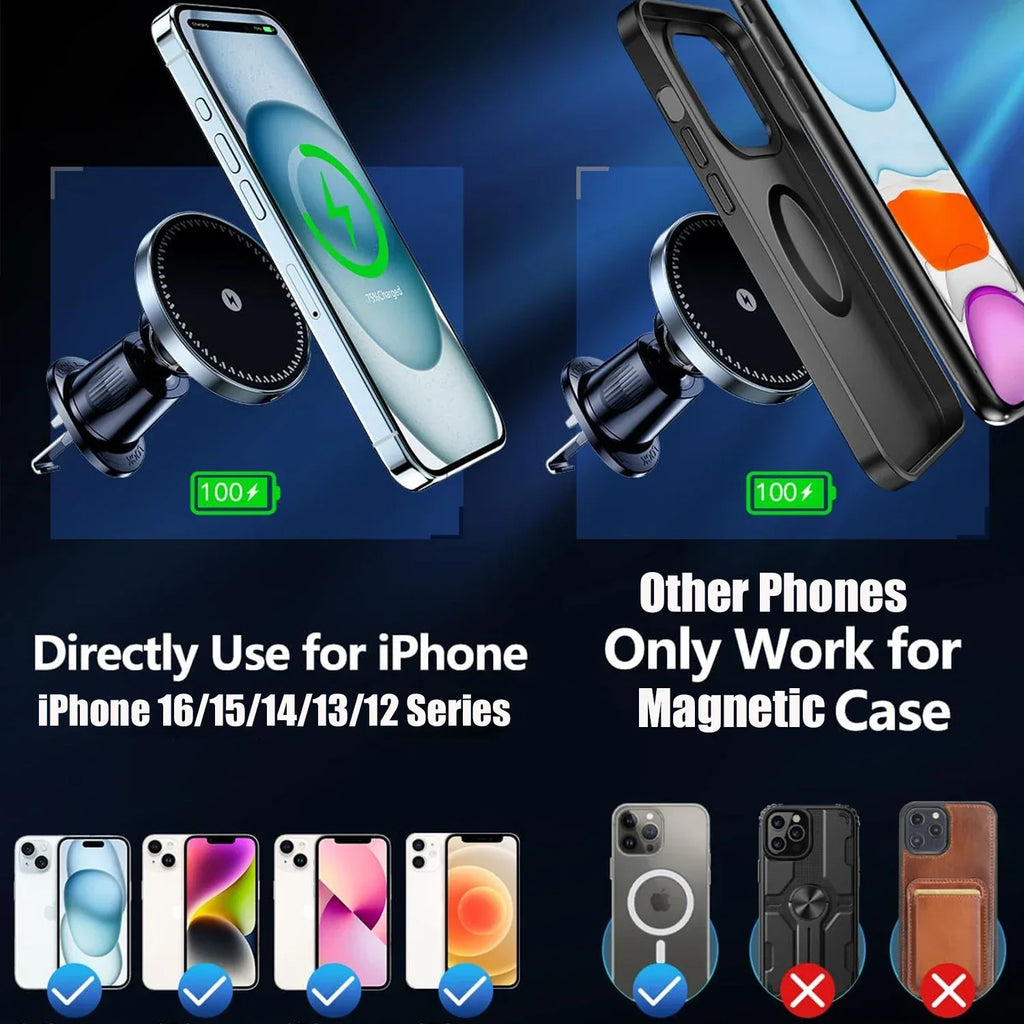 UYUXIO Magnetic Wireless Car Phone Charger Adapter 15W Air Vent Magnetic Car Phone Holder for iPhone & Android