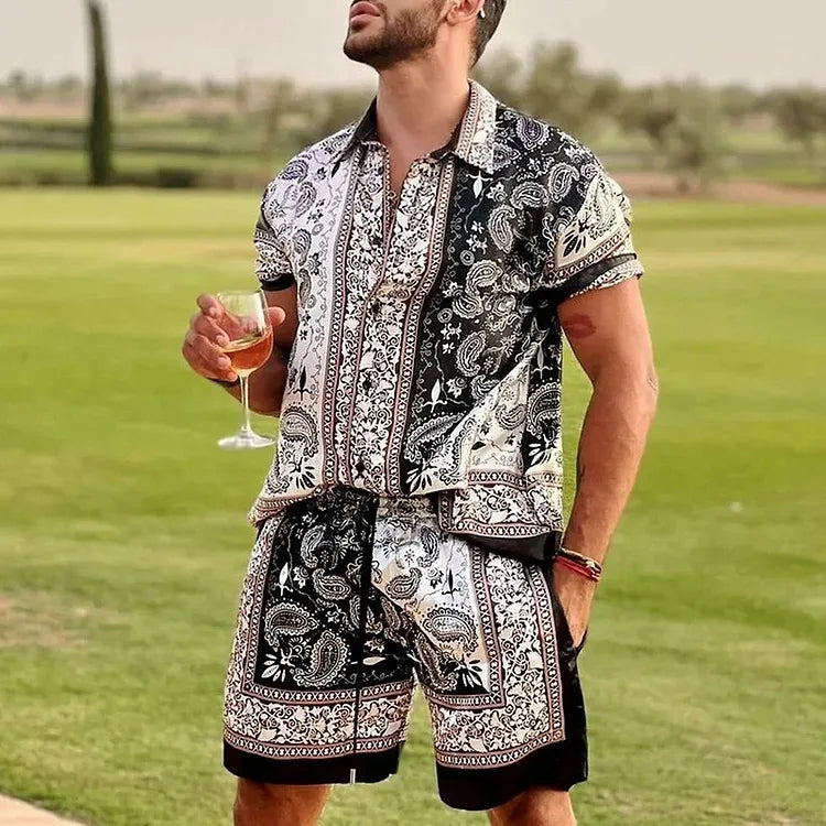 Men Beach Shirt Sets Retro Ethnic Style