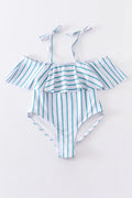 Blue stripe strap girl swimsuit one piece