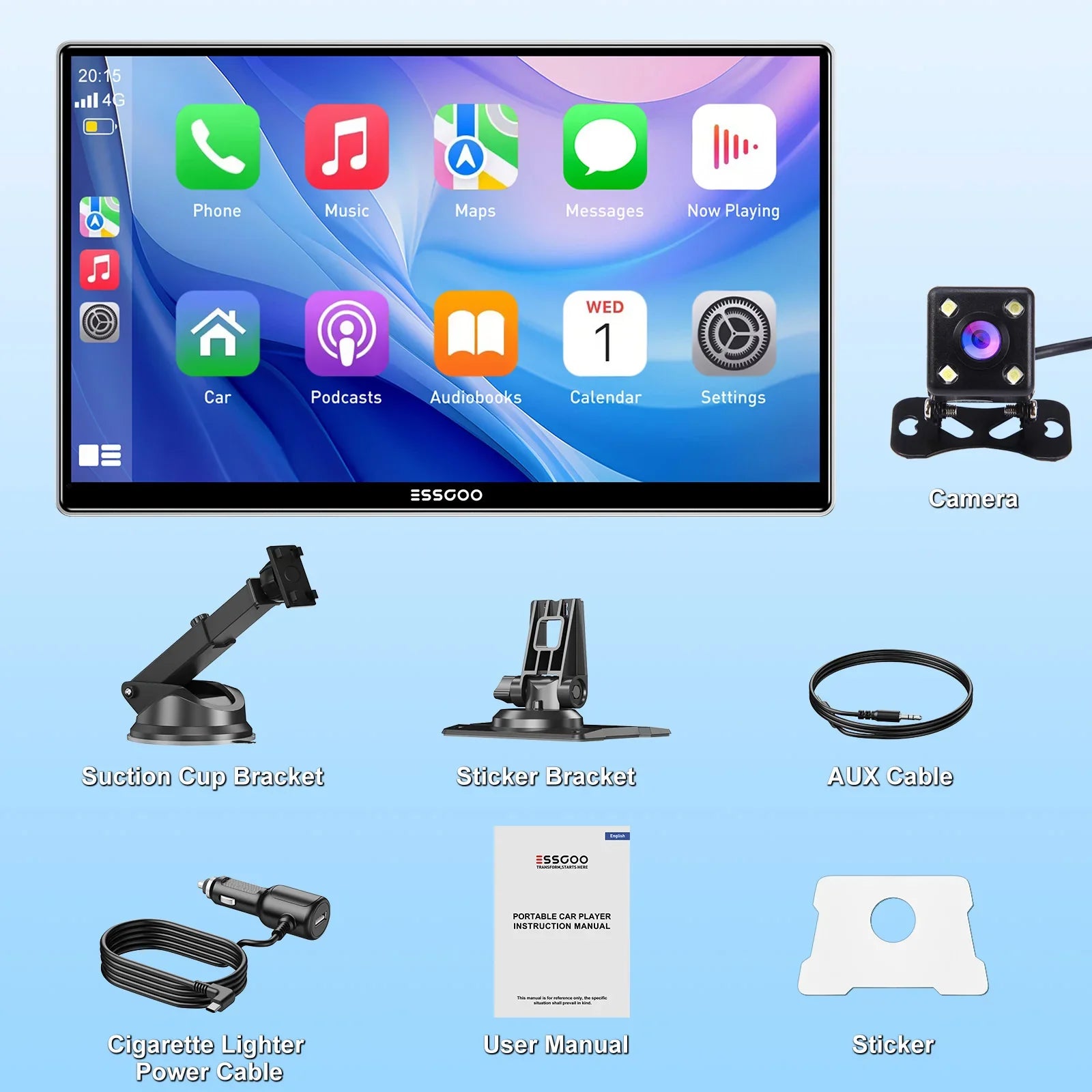 ESSGOO 9 Inch Touch Screen Portable Car Stereo Radio Wireless Apple Carplay Android Auto USB TF Bluetooth Mirror Link