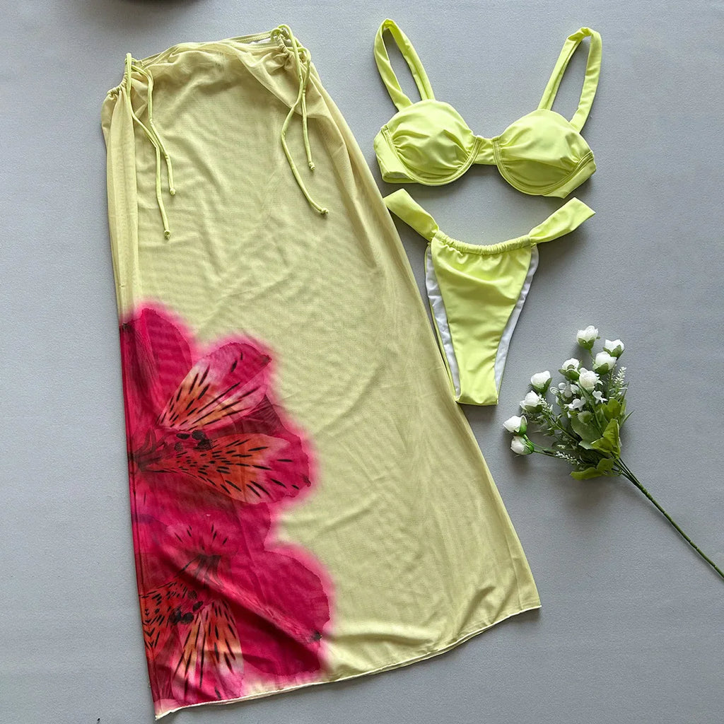 Hibiscus rose three piece swimsuit