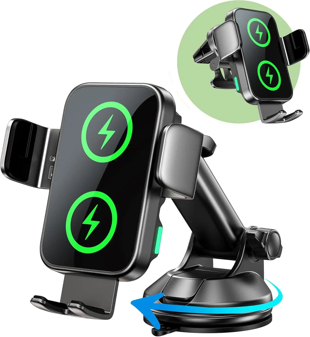15W Car Phone Holder Wireless Car Charger Dual Coil Dash Vent Windshield Auto Clamping Charging Phone Holder