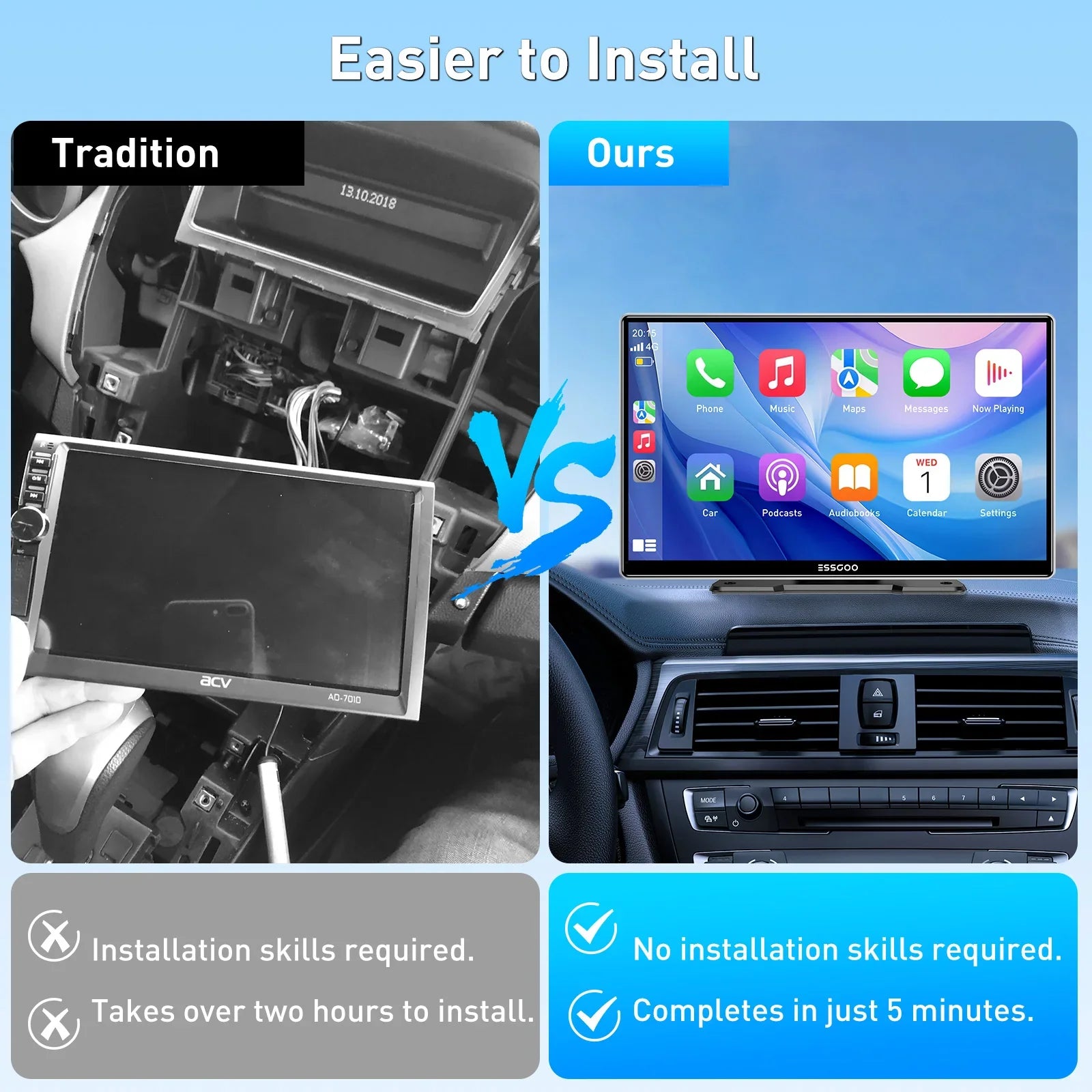 ESSGOO 9 Inch Touch Screen Portable Car Stereo Radio Wireless Apple Carplay Android Auto USB TF Bluetooth Mirror Link