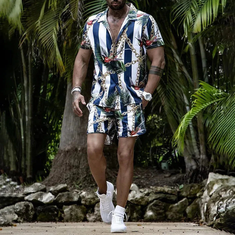 Men Beach Shirt Sets Retro Ethnic Style