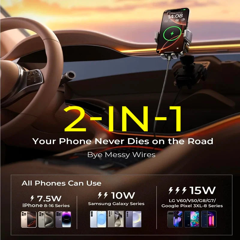 UYUXIO Manual Clamp Wireless Car Charger 15 Fast Charging Air Vent Car Mount Phone Holder for iPhone & Android