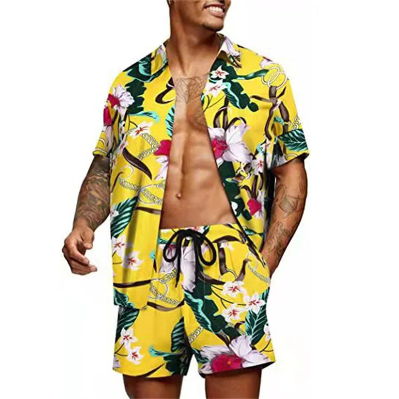 Floral Hawaiian  two piece men beach shorts set